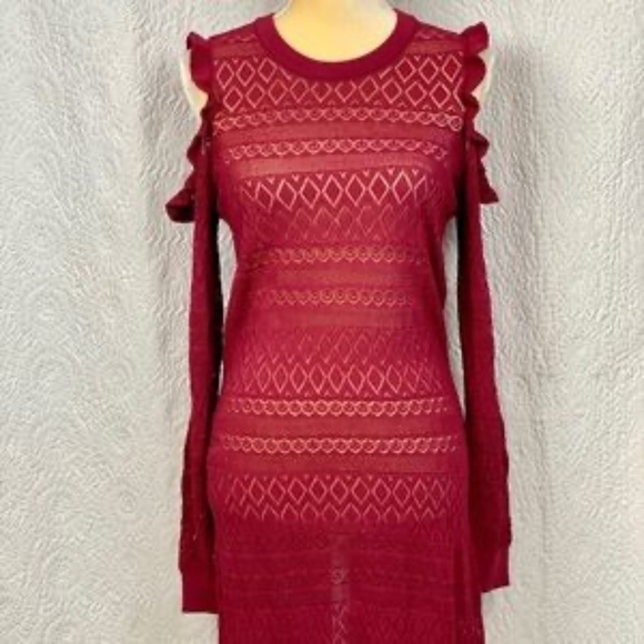 LC Lauren Conrad Ruffle Pointelle Cold-Shoulder Tunic Sweater - Picture 3 of 9